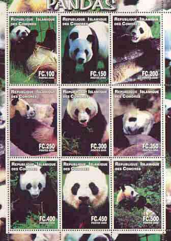 Comoro Islands 2000 Pandas perf sheetlet containing complete set of 9 values unmounted mint, stamps on animals, stamps on bears, stamps on pandas