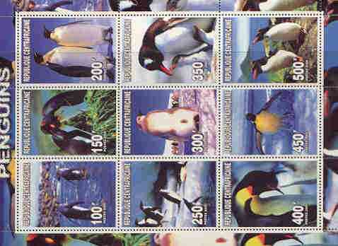 Central African Republic 2000 Penguins perf sheetlet containing complete set of 9 values unmounted mint, stamps on birds, stamps on polar, stamps on penguin
