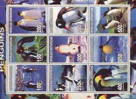 Central African Republic 2000 Penguins perf sheetlet containing complete set of 9 values unmounted mint, stamps on , stamps on  stamps on birds, stamps on polar, stamps on penguin