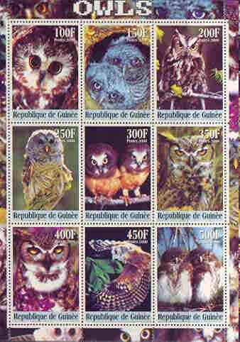 Guinea - Conakry 2000 Owls perf sheetlet containing complete set of 9 values unmounted mint, stamps on , stamps on  stamps on birds, stamps on  stamps on birds of prey, stamps on  stamps on owls