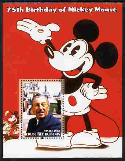 Benin 2003 75th Birthday of Mickey Mouse #09 perf s/sheet also showing Walt Disney, unmounted mint. Note this item is privately produced and is offered purely on its thematic appeal, stamps on , stamps on  stamps on disney, stamps on  stamps on cartoons, stamps on  stamps on personalities, stamps on  stamps on films, stamps on  stamps on cinema, stamps on  stamps on movies