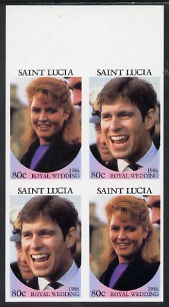 St Lucia 1986 Royal Wedding (Andrew & Fergie) 80c in unmounted mint imperf proof block of 4 (2 se-tenant pairs) without staple holes in margin and therefore not from booklets, stamps on royalty       andrew & fergie