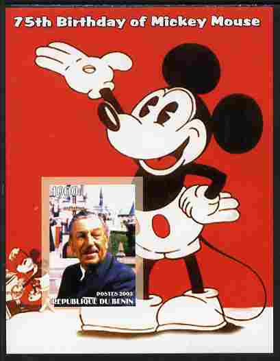 Benin 2003 75th Birthday of Mickey Mouse #09 imperf s/sheet also showing Walt Disney, unmounted mint. Note this item is privately produced and is offered purely on its thematic appeal, stamps on disney, stamps on cartoons, stamps on personalities, stamps on films, stamps on cinema, stamps on movies