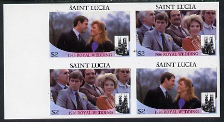 St Lucia 1986 Royal Wedding (Andrew & Fergie) $2 in unmounted mint imperf proof block of 4 (2 se-tenant pairs) without staple holes in margin and therefore not from booklets, stamps on royalty       andrew & fergie