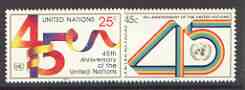 United Nations (NY) 1990 45th Anniversary of UN set of 2, unmounted mint, SG 586-87, stamps on united nations, stamps on 