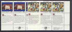 United Nations (NY) 1989 Declaration of Human Rights (1st series) set of 2 plus 2 labels (Table of Brotherhood & Composition) each in blocks of 6 showing labels in 3 languages unmounted mint, SG 579-80, stamps on united nations, stamps on arts, stamps on human rights, stamps on 