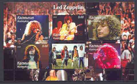 Kalmikia Republic 2000 Led Zeppelin perf sheetlet containing 6 values (horiz designs) unmounted mint, stamps on , stamps on  stamps on music, stamps on pops, stamps on entertainments, stamps on  stamps on guitar