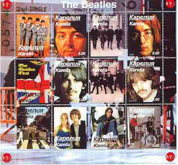 Karelia Republic 2000 The Beatles perf sheetlet containing complete set of 12 values unmounted mint, stamps on , stamps on  stamps on music, stamps on pops, stamps on entertainments, stamps on beatles, stamps on  stamps on guitar