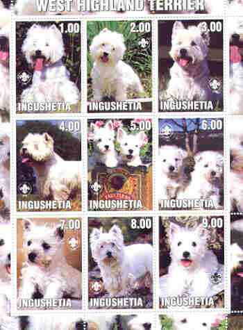 Ingushetia Republic 2000 Dogs (West Highland Terrier) perf sheetlet containing complete set of 9 values, each with Scout logo unmounted mint, stamps on , stamps on  stamps on dogs, stamps on scouts, stamps on west highland