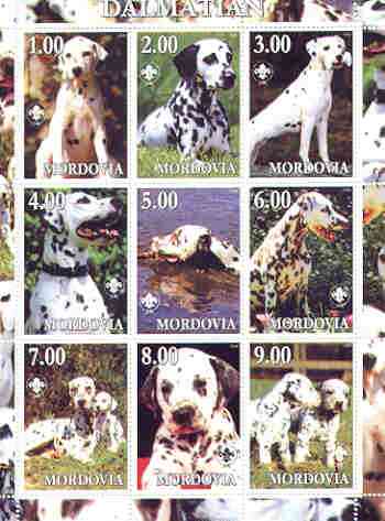 Mordovia Republic 2000 Dogs (Dalmation) perf sheetlet containing complete set of 9 values, each with Scout logo unmounted mint, stamps on , stamps on  stamps on dogs, stamps on scouts, stamps on dalmations