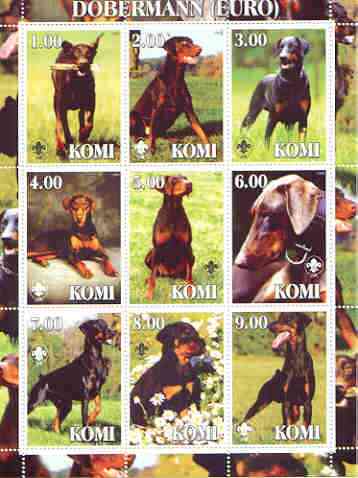 Komi Republic 2000 Dogs (Dobermann) perf sheetlet containing complete set of 9 values, each with Scout logo unmounted mint, stamps on , stamps on  stamps on dogs, stamps on  stamps on scouts, stamps on  stamps on doberman