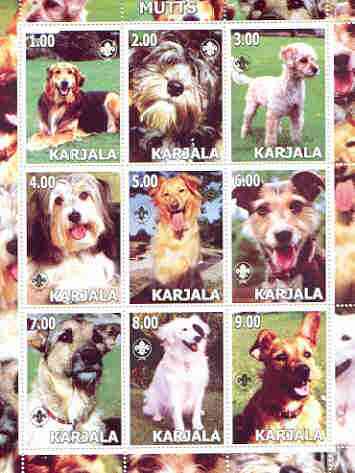 Karjala Republic 2000 Dogs (Mutts) perf sheetlet containing complete set of 9 values, each with Scout logo unmounted mint, stamps on , stamps on  stamps on dogs, stamps on scouts, stamps on mutts