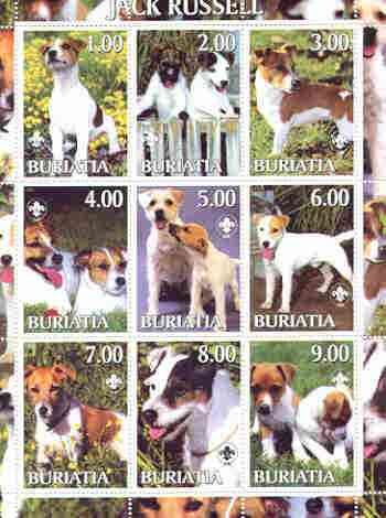 Buriatia Republic 2000 Dogs (Jack Russell) perf sheetlet containing complete set of 9 values, each with Scout logo unmounted mint, stamps on , stamps on  stamps on dogs, stamps on scouts, stamps on jack russell