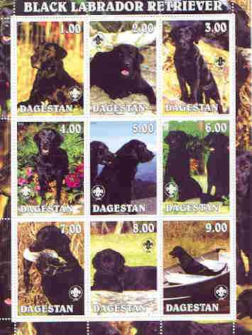 Dagestan Republic 2000 Dogs (Black labrador Retriever) perf sheetlet containing complete set of 9 values, each with Scout logo unmounted mint, stamps on , stamps on  stamps on dogs, stamps on scouts, stamps on labrador, stamps on retriever