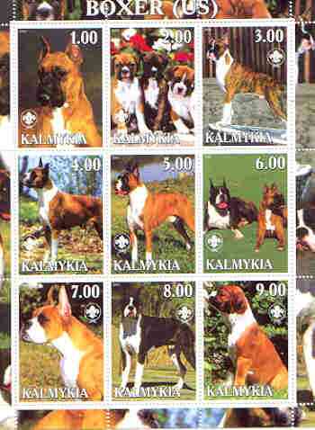 Kalmikia Republic 2000 Dogs (US Boxer) perf sheetlet containing complete set of 9 values, each with Scout logo unmounted mint, stamps on , stamps on  stamps on dogs, stamps on scouts, stamps on boxer