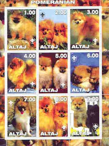 Altaj Republic 2000 Dogs (Pomeranian) perf sheetlet containing complete set of 9 values, each with Scout logo unmounted mint, stamps on , stamps on  stamps on dogs, stamps on scouts, stamps on pomeranian