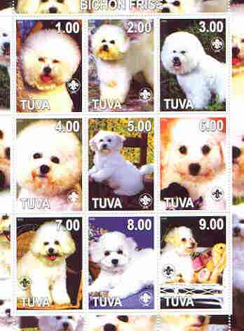 Touva 2000 Dogs (Bichon Fris8E) perf sheetlet containing complete set of 9 values, each with Scout logo unmounted mint, stamps on , stamps on  stamps on dogs, stamps on scouts, stamps on bichon fris83