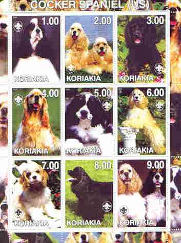 Koriakia Republic 2000 Dogs (Cocker Spaniel) perf sheetlet containing complete set of 9 values, each with Scout logo unmounted mint, stamps on , stamps on  stamps on dogs, stamps on scouts, stamps on cocker spaniel