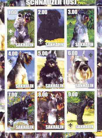 Sakhalin Isle 2000 Dogs (Schnauzer) perf sheetlet containing complete set of 9 values, each with Scout logo  unmounted mint, stamps on dogs, stamps on scouts, stamps on schnauzer