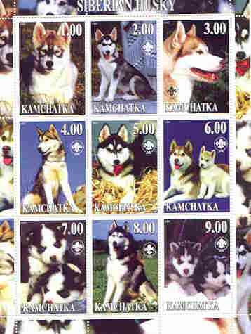 Kamchatka Republic 2000 Dogs (Siberian Husky) perf sheetlet containing complete set of 9 values, each with Scout logo unmounted mint, stamps on , stamps on  stamps on dogs, stamps on scouts, stamps on siberian husky