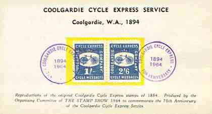 Cinderella 1964 Coolgardie Cycle Express Service reproduction postcard bearing 1s & 2s6d cycle message stamps each opt'd for Stamp Show in red, with 70th Anniversary cancels, stamps on bicycles, stamps on stamp exhibitions