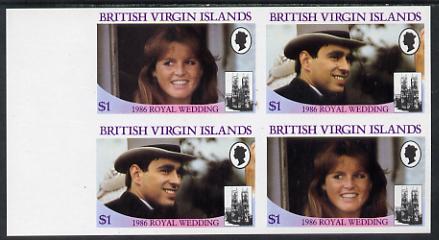 British Virgin Islands 1986 Royal Wedding $1 in unmounted mint imperf proof block of 4 (2 se-tenant pairs) without staple holes in margin and therefore not from booklets, stamps on , stamps on  stamps on royalty       andrew & fergie