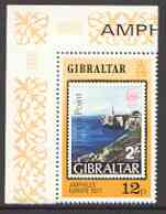 Gibraltar 1977 Amphilex 77 stamp Exhibition 12p unmounted mint marginal with upright wmk, SG 391w, stamps on lighthouses, stamps on europa, stamps on stamp on stamp, stamps on stamp exhibitions, stamps on stamponstamp