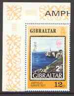 Gibraltar 1977 Amphilex 77 stamp Exhibition 12p unmounted mint marginal with upright wmk, SG 391w, stamps on , stamps on  stamps on lighthouses, stamps on europa, stamps on stamp on stamp, stamps on stamp exhibitions, stamps on  stamps on stamponstamp