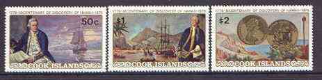 Cook Islands 1978 Bicentenary of Cooks Discovery of Hawaii set of 3 unmounted mint, SG 584-86*, stamps on ships, stamps on cook, stamps on explorers, stamps on coins, stamps on arts