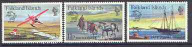 Falkland Islands 1979 Centenary of UPU set of 3 unmounted mint, SG 368-70*, stamps on , stamps on  stamps on aviation, stamps on upu, stamps on mail, stamps on horses, stamps on ships, stamps on dh, stamps on  stamps on  upu , stamps on  stamps on 