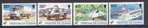 Tristan da Cunha 1996 50th Anniversary of the United Nations set of 4 unmounted mint, SG 590-93*, stamps on , stamps on  stamps on united nations, stamps on  stamps on militaria, stamps on  stamps on trucks, stamps on  stamps on helicopters, stamps on  stamps on aviation, stamps on  stamps on ships, stamps on  stamps on transport