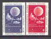 United Nations (NY) 1957 World Meteorological Organisation set of 2 unmounted mint SG 49-50*, stamps on united nations, stamps on weather, stamps on balloons