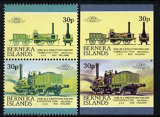 Bernera 1983 Locomotives #2 (Dublin & Kingstown Railway) 30p se-tenant pair with red omitted plus imperf pair as normal unmounted mint, stamps on , stamps on  stamps on railways