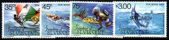 St Vincent - Grenadines 1985 Tourism Watersports set of 4 opt'd SPECIMEN unmounted mint, as SG 386-89, stamps on , stamps on  stamps on sport, stamps on tourism, stamps on water skiing, stamps on scuba diving, stamps on fish, stamps on wind surfing, stamps on fishing