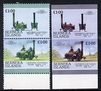 Bernera 1983 Locomotives #2 (Canterbury & Whitstable Rly) A31 se-tenant pair with red omitted plus imperf pair as normal unmounted mint, stamps on , stamps on  stamps on railways