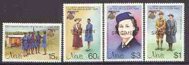 Nevis 1985 Girl Guides set of 4 optd SPECIMEN, as SG 293-6* unmounted mint, stamps on scouts, stamps on royalty, stamps on guides