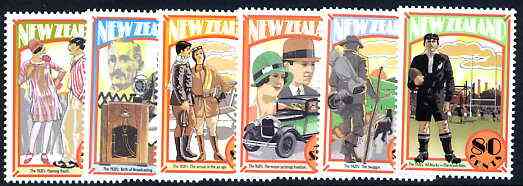 New Zealand 1992 NZ in the 1920s set of 6 unmounted mint SG 1707-12, stamps on aviation, stamps on cars, stamps on hiking, stamps on dogs, stamps on rugby, stamps on communications, stamps on fashion
