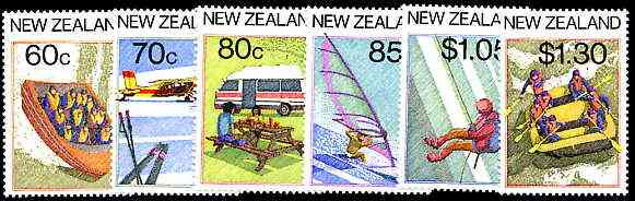 New Zealand 1987 Tourism set of 6 unmounted mint SG 1411-16, stamps on sport, stamps on wind surfing, stamps on skiing, stamps on jetboating, stamps on camping, stamps on mountaineering