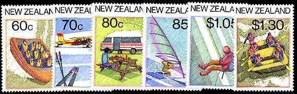 New Zealand 1987 Tourism set of 6 unmounted mint SG 1411-16, stamps on , stamps on  stamps on sport, stamps on wind surfing, stamps on skiing, stamps on jetboating, stamps on camping, stamps on mountaineering