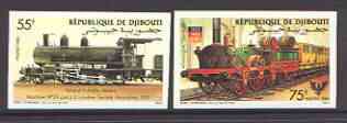 Djibouti 1985 locomotives set of two imperf from limited printing, unmounted mint as SG 951-952, stamps on , stamps on  stamps on railways