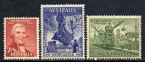 Australia 1947 150th Anniversary of City of Newcastle, NSW set of 3 unmounted mint SG 219-21*, stamps on , stamps on  stamps on steel, stamps on coal, stamps on cranes, stamps on  stamps on  kg6 , stamps on  stamps on industry