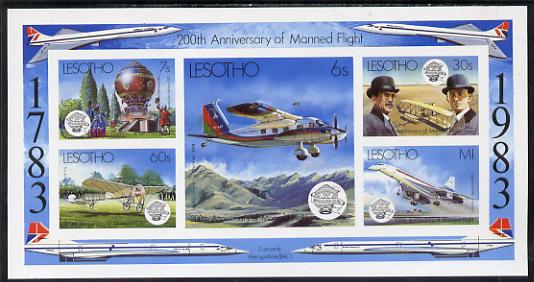 Lesotho 1983 Manned Flight Bicentenary imperf m/sheet unmounted mint (SG MS 549), stamps on , stamps on  stamps on aviation, stamps on  stamps on concorde