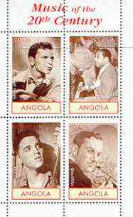 Angola 2000 Music of the 20th Century perf sheetlet containing 4 values (Sinatra, Ellington, Elvis & Glen Miller) unmounted mint, stamps on music, stamps on elvis, stamps on jazz, stamps on sinatra, stamps on millennium, stamps on masonics, stamps on masonry