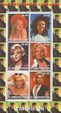 Uzbekistan 2000 Marilyn Monroe perf sheetlet containing set of 6 values (Kennedy in margin) unmounted mint, stamps on cinema, stamps on films, stamps on marilyn monroe, stamps on entertainments, stamps on kennedy