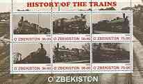 Uzbekistan 2000 History of Trains #1 perf sheetlet containing set of 6 values unmounted mint, stamps on railways