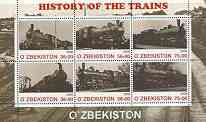 Uzbekistan 2000 History of Trains #1 perf sheetlet containing set of 6 values unmounted mint, stamps on , stamps on  stamps on railways