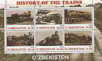 Uzbekistan 2000 History of Trains #2 perf sheetlet containing set of 6 values unmounted mint, stamps on , stamps on  stamps on railways