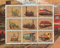 Somalia 2000 Early Trains perf sheetlet containing set of 9 values unmounted mint, stamps on , stamps on  stamps on railways