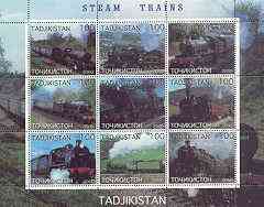 Tadjikistan 2000 Steam Trains perf sheetlet containing set of 9 values unmounted mint, stamps on , stamps on  stamps on railways