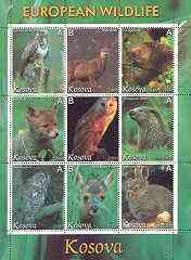 Kosova 2000 European Wildlife perf sheetlet containing set of 9 values unmounted mint, stamps on birds, stamps on birds of prey, stamps on buzzard, stamps on animals, stamps on deer, stamps on owls, stamps on fox, stamps on otter, stamps on hare, stamps on  fox , stamps on foxes, stamps on  